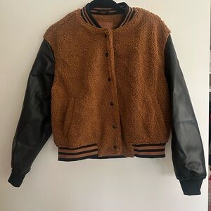 Blank NYC Brown Teddy Bomber Jacket with Black Accents